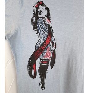 Curbside Clothing Tattooed Snow Light Blue Pin Up Graphic Tee Heather Blue XL